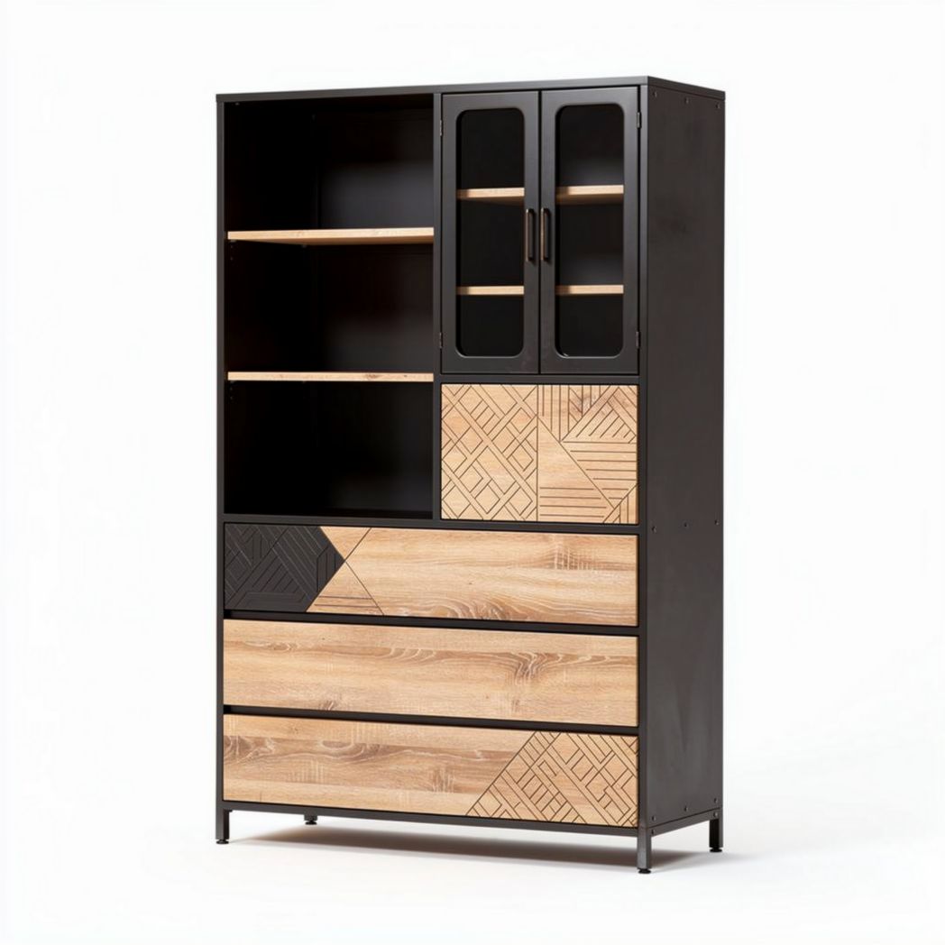 Meuble de rangement en bois et métal noir avec portes vitrées et dimensions 120 x 40 x 180cm