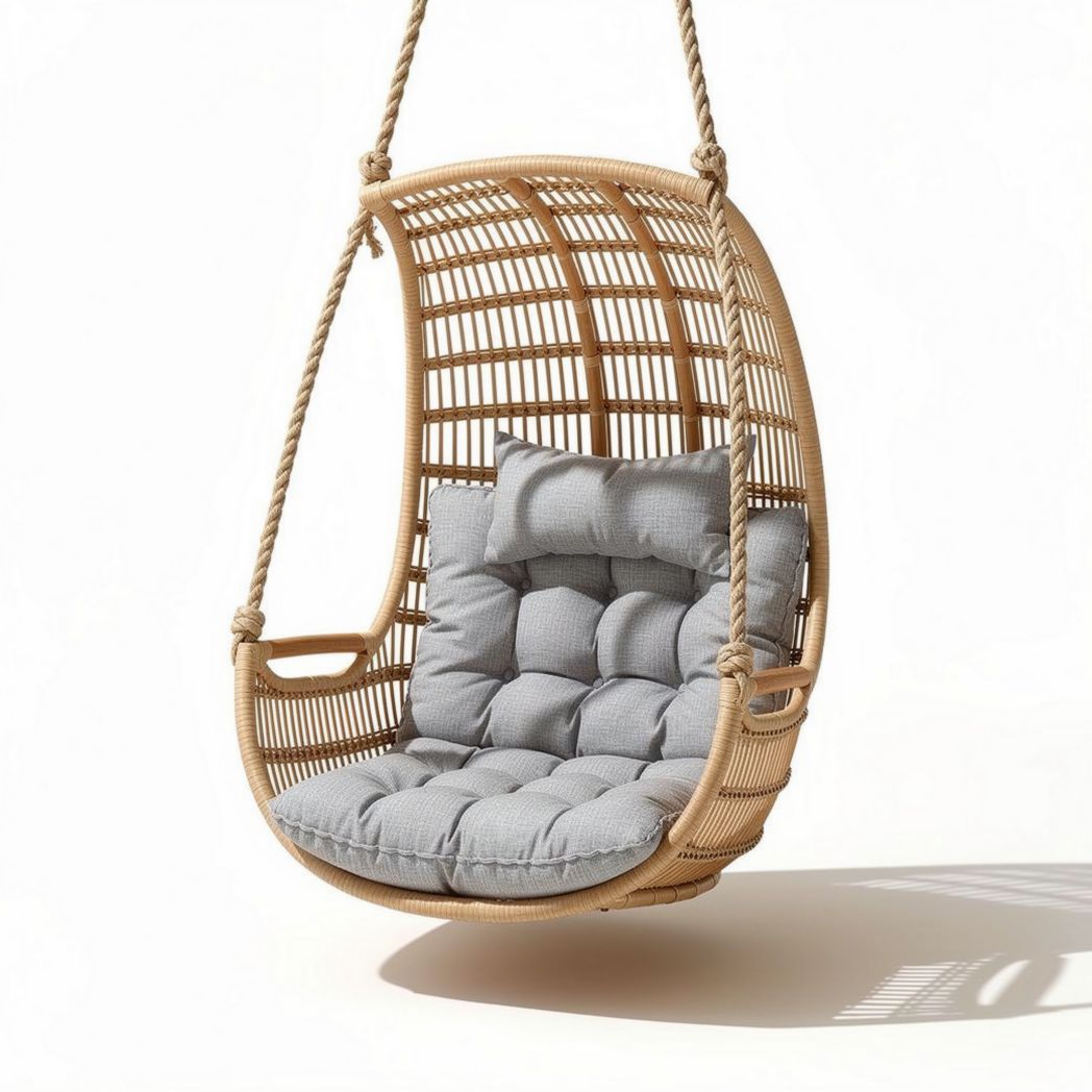 Chaise suspendue en rotin avec coussin en tissu gris 120 x 100 x 130cm