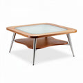 Table basse en bois avec plateau en verre et étagère en métal 80 x 80 x 40cm