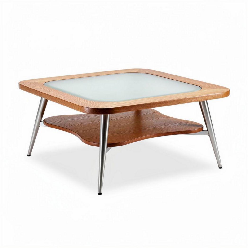 Table basse en bois avec plateau en verre et étagère en métal 80 x 80 x 40cm
