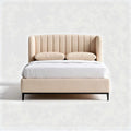 Lit double en tissu beige avec têtière capitonnée 200 x 160 x 120cm