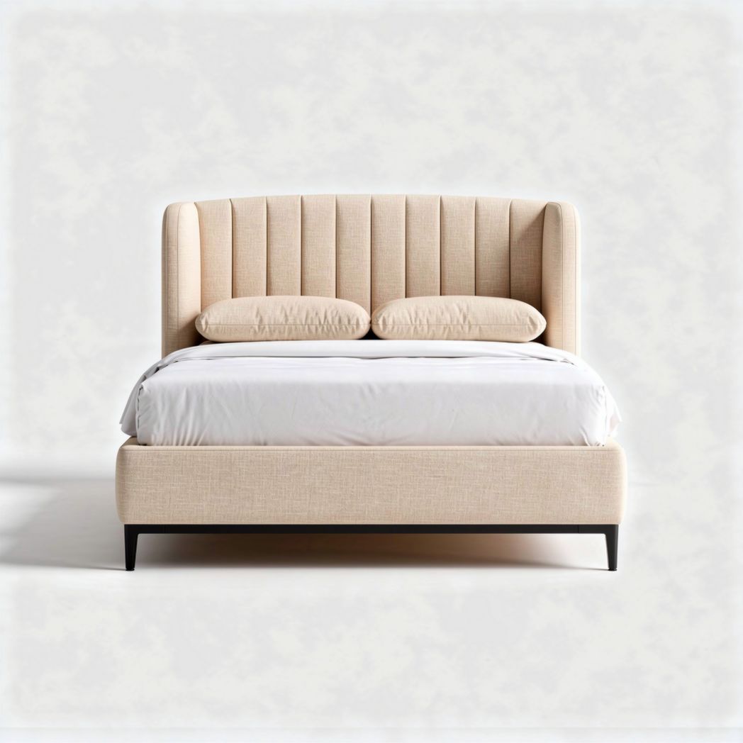Lit double en tissu beige avec têtière capitonnée 200 x 160 x 120cm