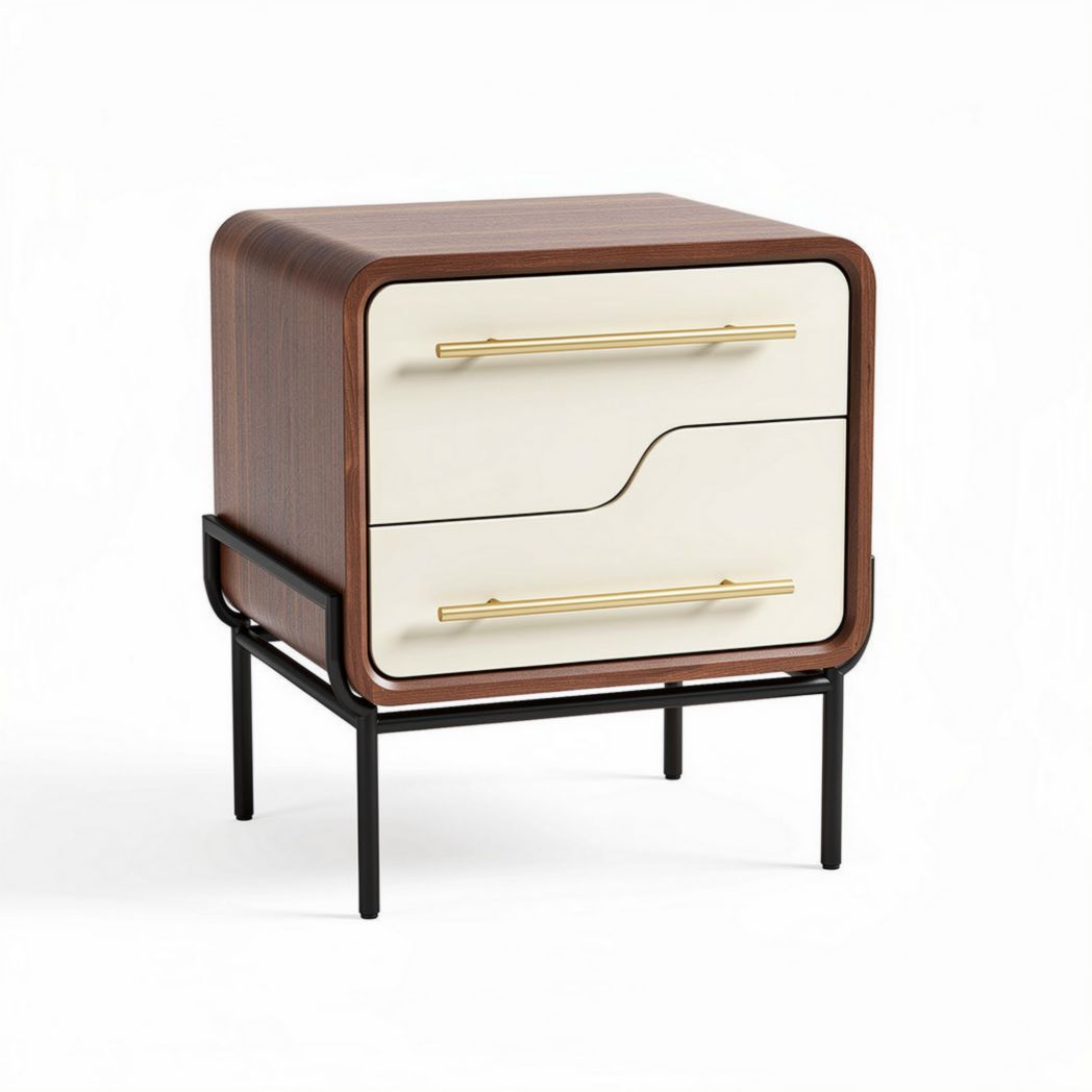 Table de chevet en bois avec tiroirs blanc beige et structure métallique noire 50 x 40 x 60cm