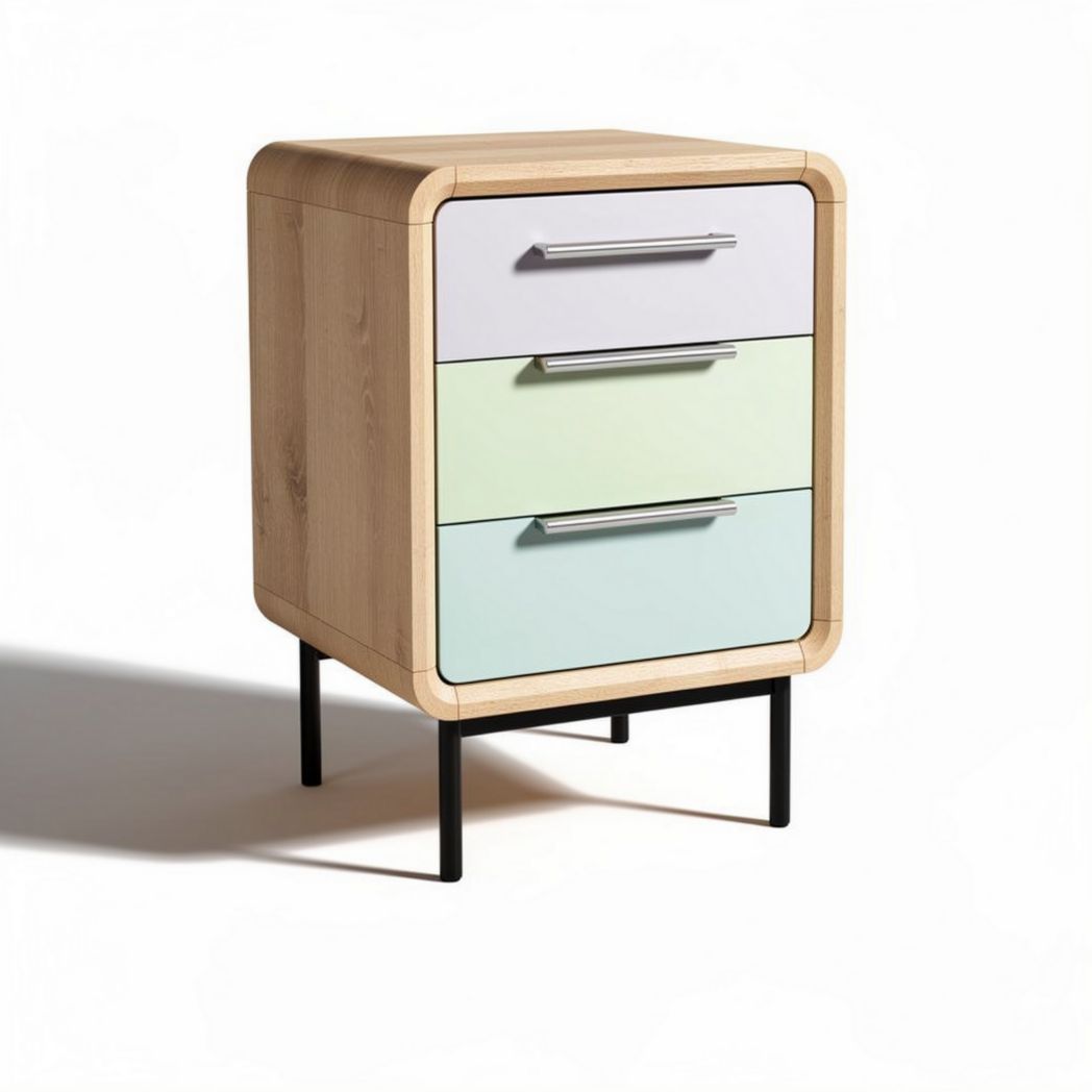 Table de chevet en bois avec trois tiroirs multicolores 40 x 30 x 50cm
